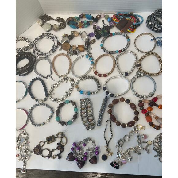 55 Bracelet Lot - Stretch -Beaded - Silver/Gold Chains Assorted Most New Gifts - Picture 3 of 5